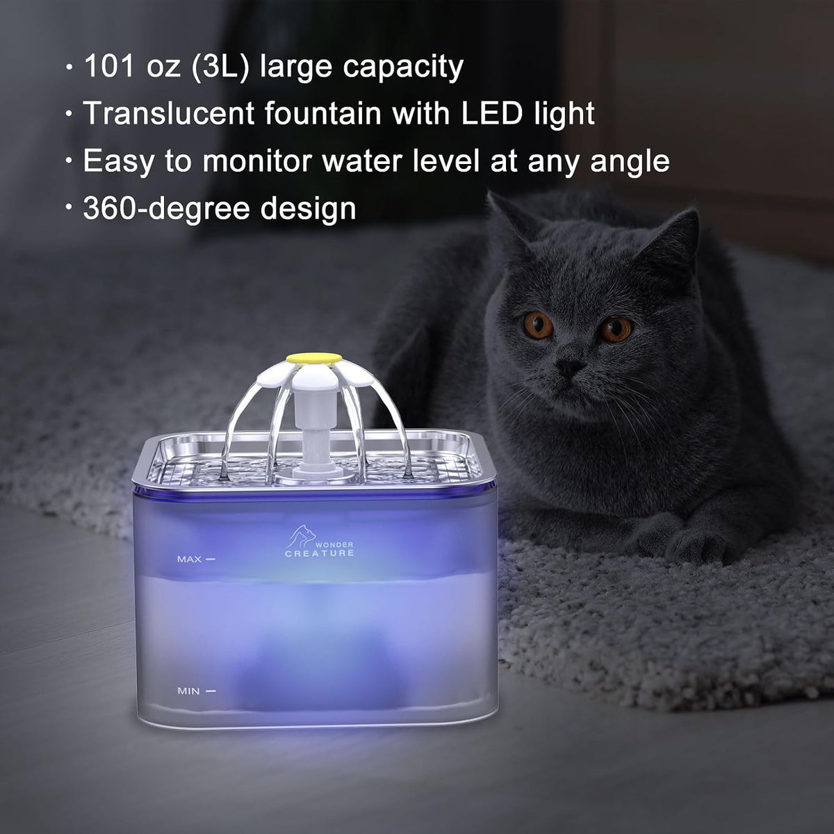 Wonder Creature Crystal Cat Water Fountain Stainless Steel Lid - Grey+1 Filter+1 Sponge - image 2