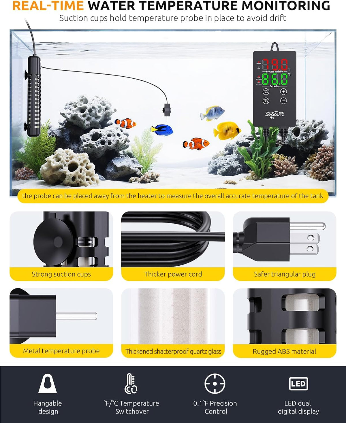 SEAOURA 500W Aquarium Heater for Fish Turtle 70-80 Gal Thermostat - 15-25 Gallon Tank - image 2