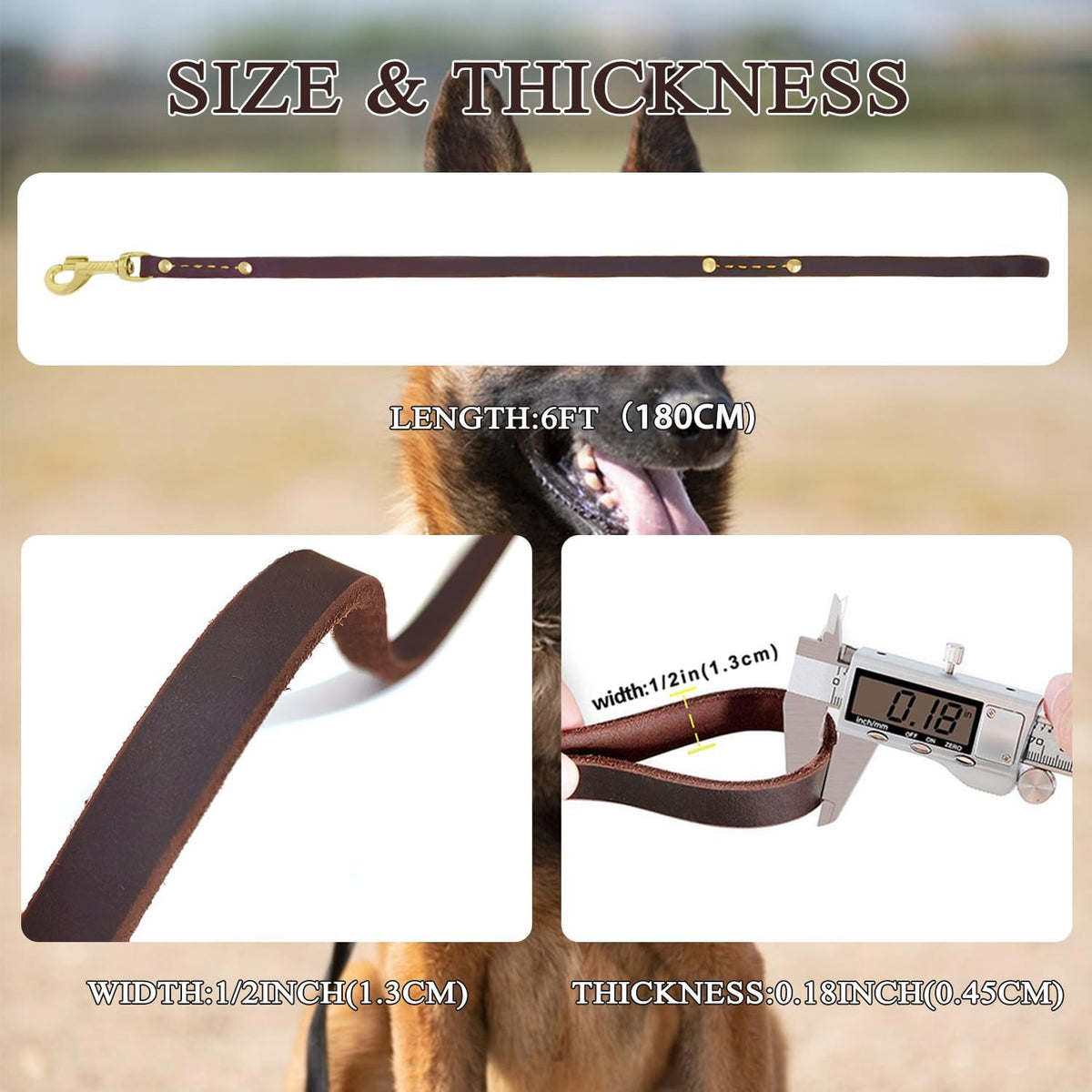 Genuine leather dog leash 6 ft by 1/2 inch with rotating copper hook and soft handle - view 3