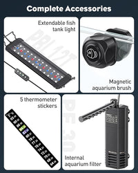 Pawfly 5 Gallon Fish Tank Ultra Clear Rimless Glass Aquarium Kit with Extendable LED Light Internal Filter Magnetic Brush & Thermometer Stickers Rectangular Glass Fish Tank Kit for Betta Shrimp Plants