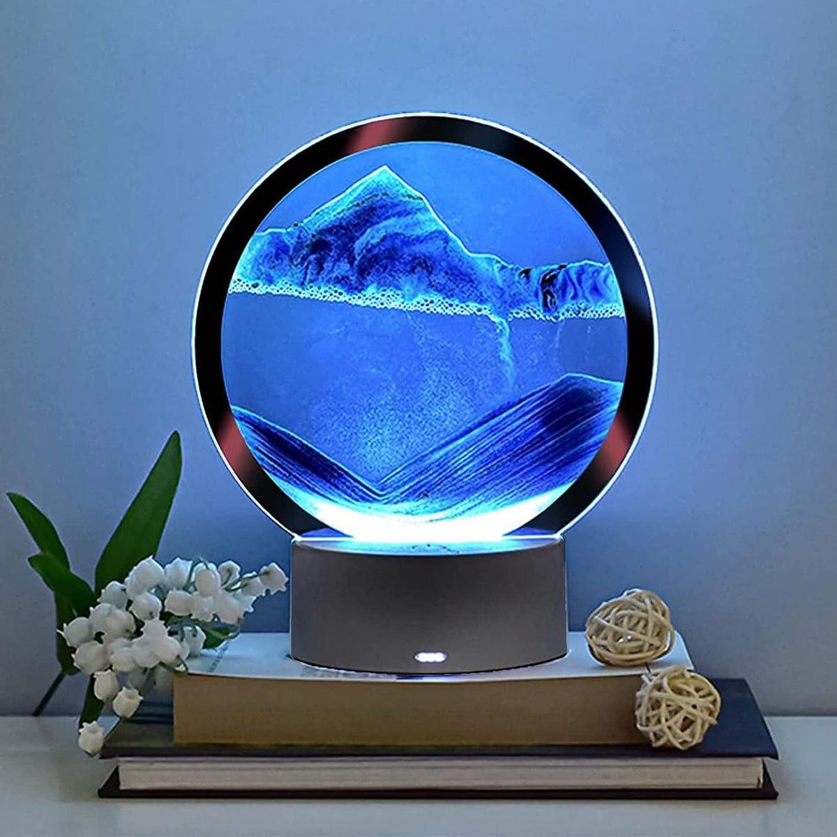 rysnwsu Moving Sand Art Picture Round Glass 3D Deep Sea Sandscape - Blue / Button-Control