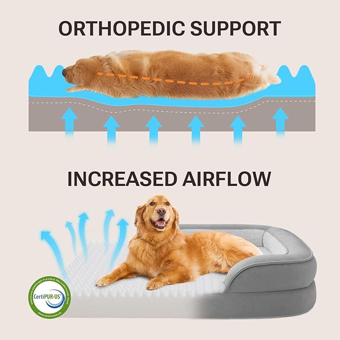 Soft Touch Orthopedic XL Dog Bed for Large Dogs with Faux Fur Top, Waterproof Pet Couch Bed with Removable Washable Cover and Supportive Foam Filling (Grey, Extra Large)