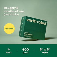 Earth Rated Pet Wipes for Dogs and Cats, Hypoallergenic, Cleaning and Hydrating, for Grooming Paws, Body and Butt, Unscented, 400 Count
