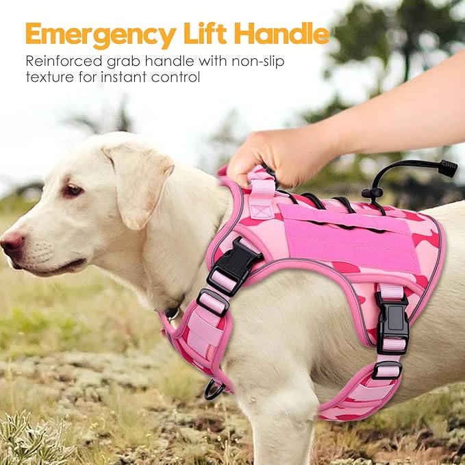 Heavy-Duty Tactical Dog Harness for Large Dogs, No Pull Adjustable Reflective Pet Vest with Molle System, K9 Military-Grade Control for Service Training, Outdoor & 10+ Breeds, Pink Camo, X-Large