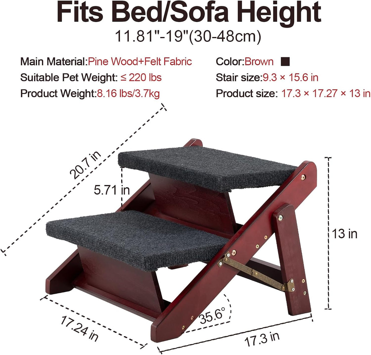 MEWANG Wooden Pet Stairs - 2 Step Foldable Ramp for Senior Dogs & Cats – Essentials for Dogs - 2 Steps – For Sofas (11–19 in) / 1 / 17.3" L x 17.24" W x 13" H - image 2