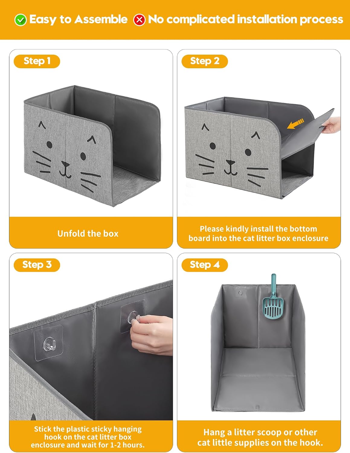 Waterproof Cat Litter Box Enclosure Splash Guard with Removable Mat - Gray Cat Face / Large - image 4