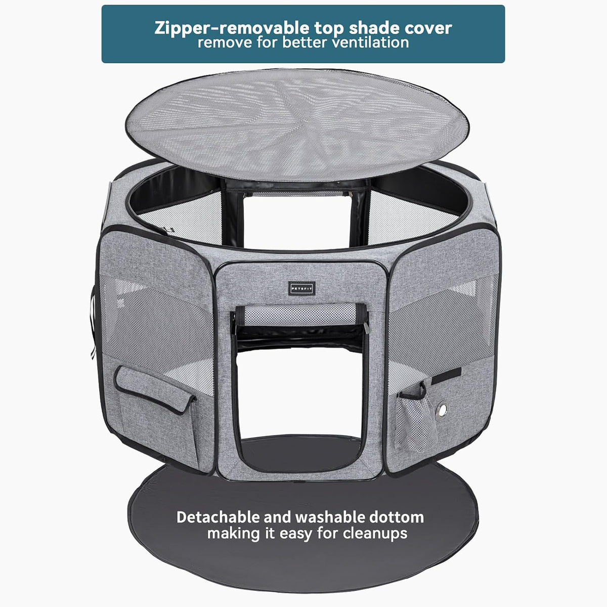 PETSFIT Portable Dog Playpen 36", Removable Waterproof Mat - Grey / Large (45.5"x45.5"x28.5", 2 Doors) - image 4
