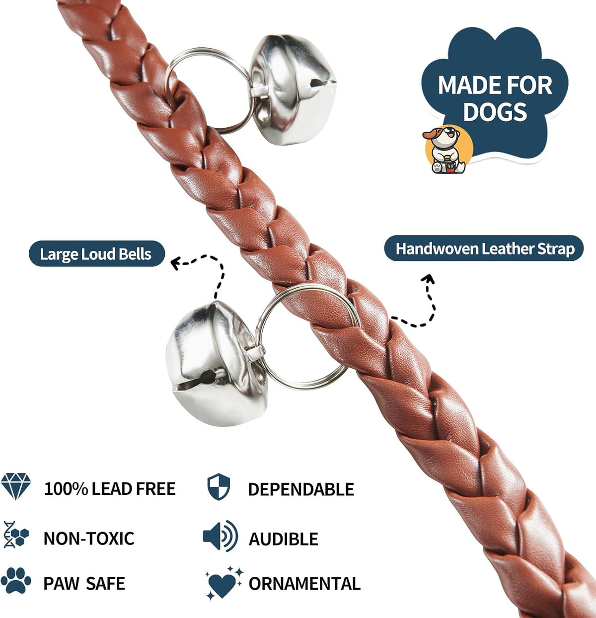 Leather Dog Doorbells to Go Outside, Brass Potty Training Bell – Essentials for Dogs - Brown Twist Silver Bells - image 2