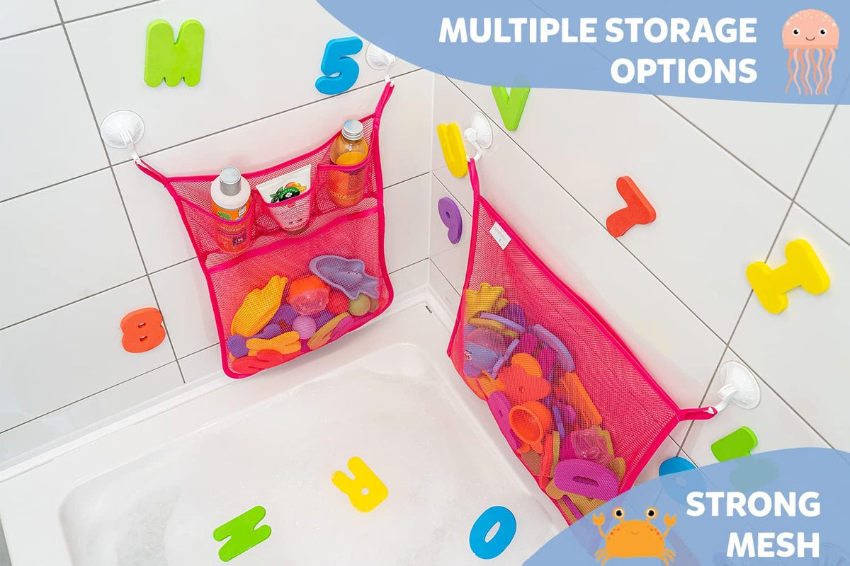 2 x Mesh Bath Toy Organizer + 8 Ultra Strong Hooks - Pink 2-Pack - image 3