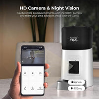 Smart HD Cat Feeder, 2 Way Audio + Voice Recording, Automatic Feeder for Dog with 1080p Night Vision Camera, WiFi App Controlled, Battery Backup, Anti Jam 6L Upto 15 Daily Meals, White Stainless