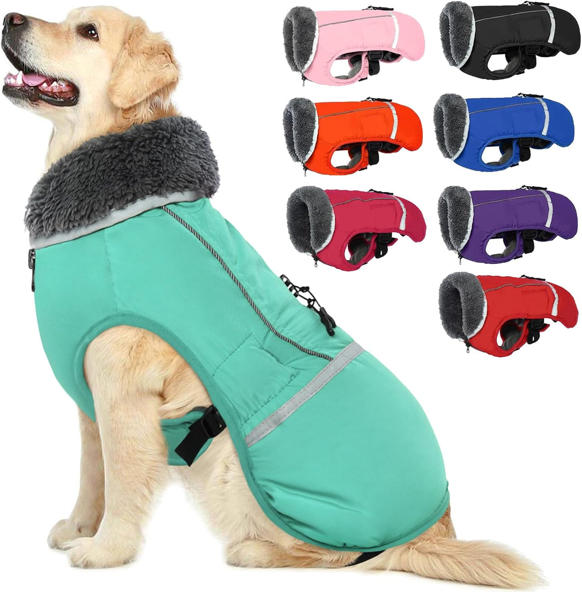 QBLEEV Warm Dog Coat, Reflective Dog Jacket - Turquoise / XX-Large