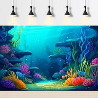 Under The Sea Aquarium Background Turquoise Underwater World Theme - 36(W)x18(H)in / Cartoon Blue - image 3