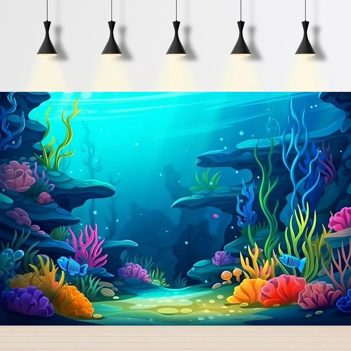 Under The Sea Aquarium Background Turquoise Underwater World Theme - 36(W)x18(H)in / Cartoon Blue - image 3