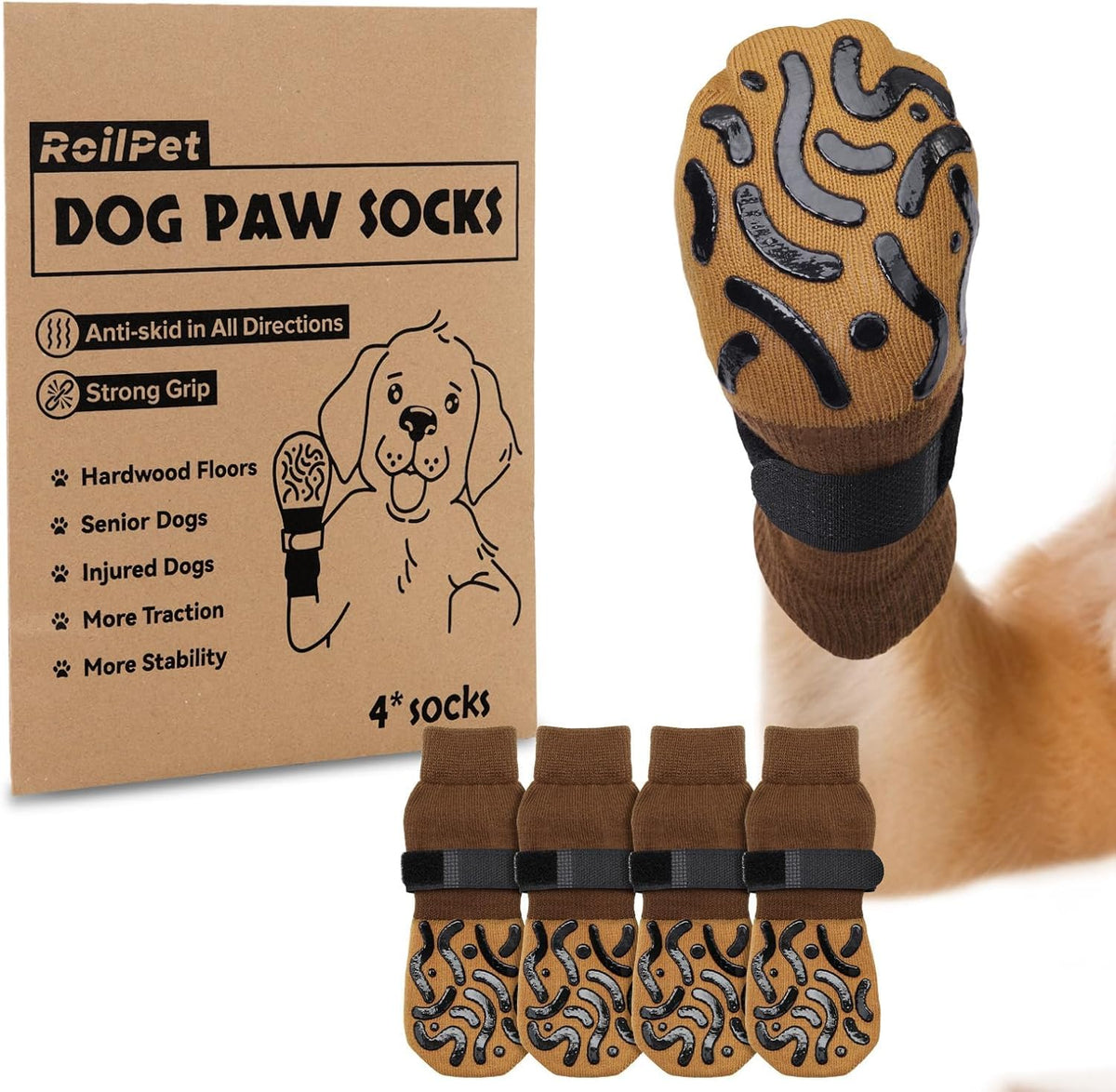 Non Slip Dog Socks for Hardwood Floor Senior Dogs Double Sided Grip – Essentials for Dogs - Caramel / X-Small(Pack of 4)