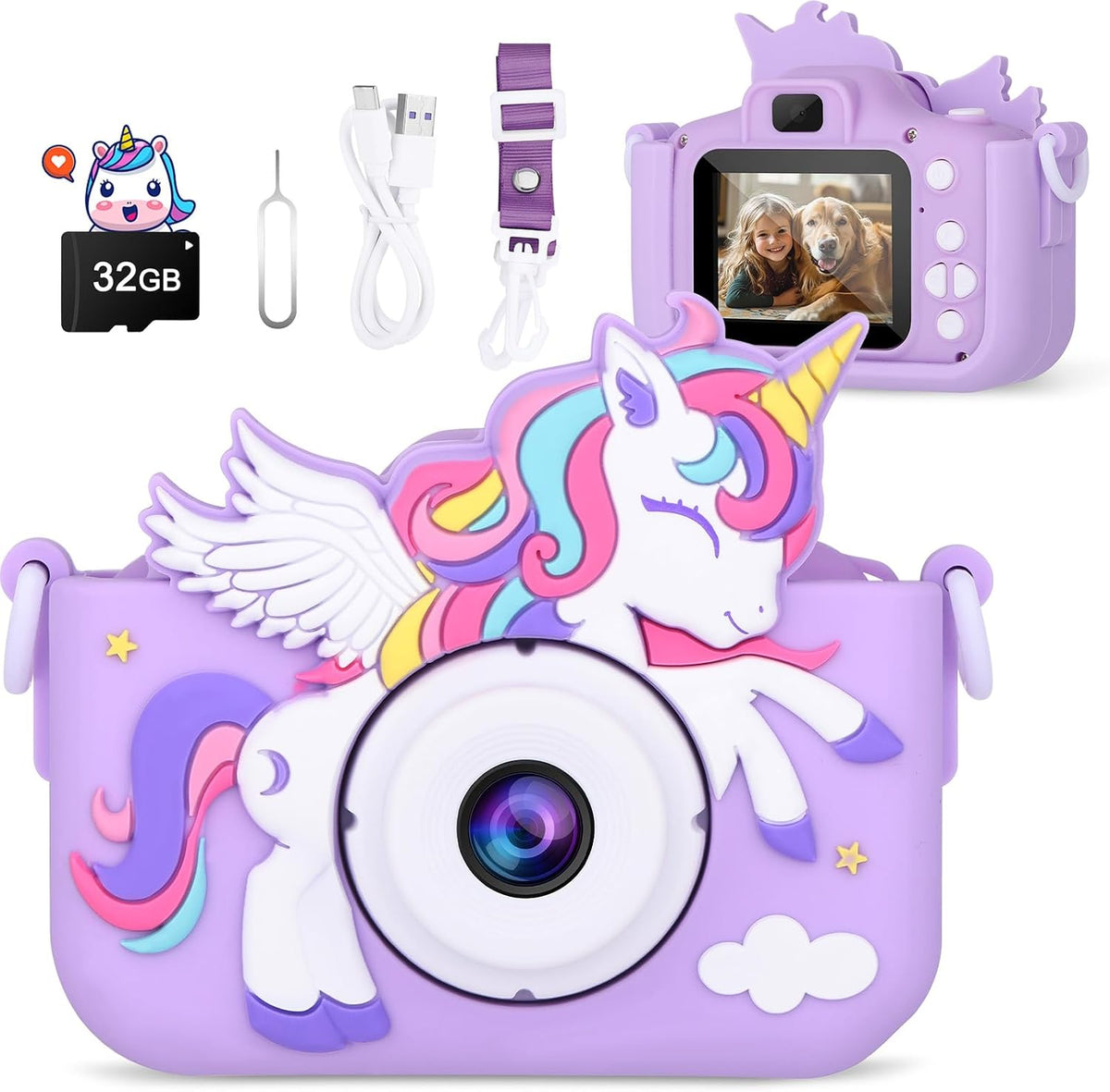 Alotwan unicorn kids camera with silicone case, 2.4-inch screen and lanyard - view 3