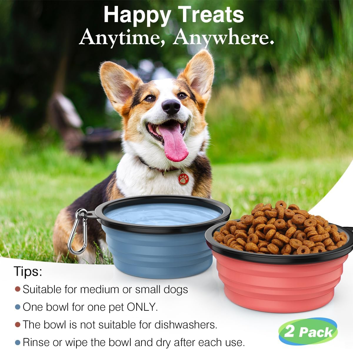 Pawaboo Collapsible Travel Dog Bowls 2 Pack with Lids&Carabiners - 450ml(Pack of 2) / Light Pink + Blue - image 3