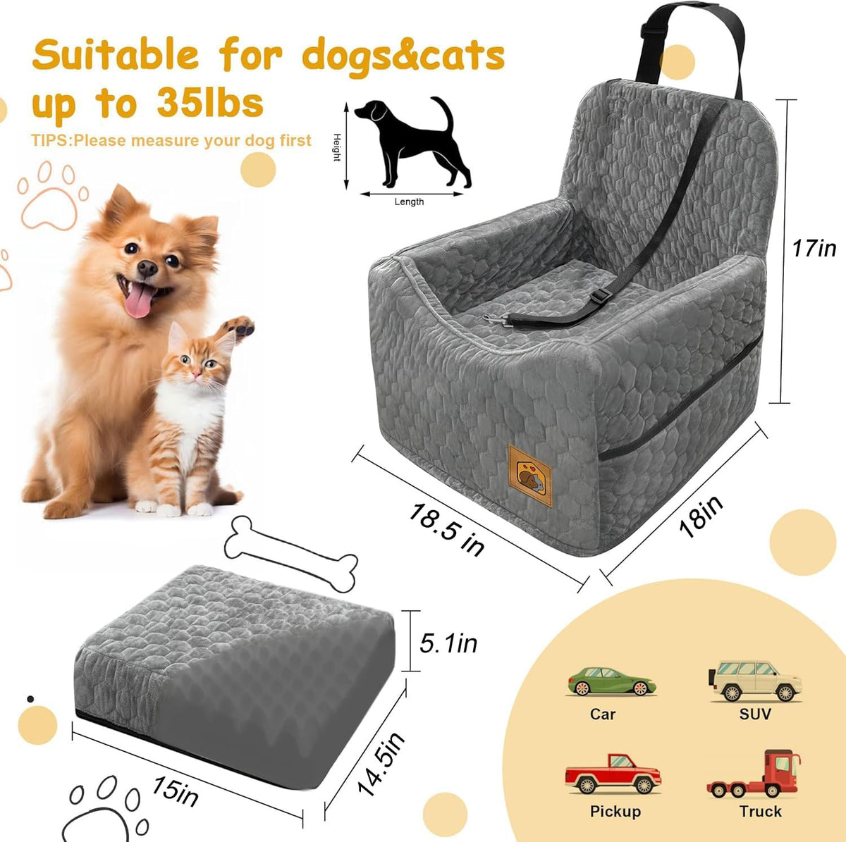 Dog Car Seat for Small/Medium Dogs, Memory Foam Dog Booster Seat - Gray / Medium - image 2