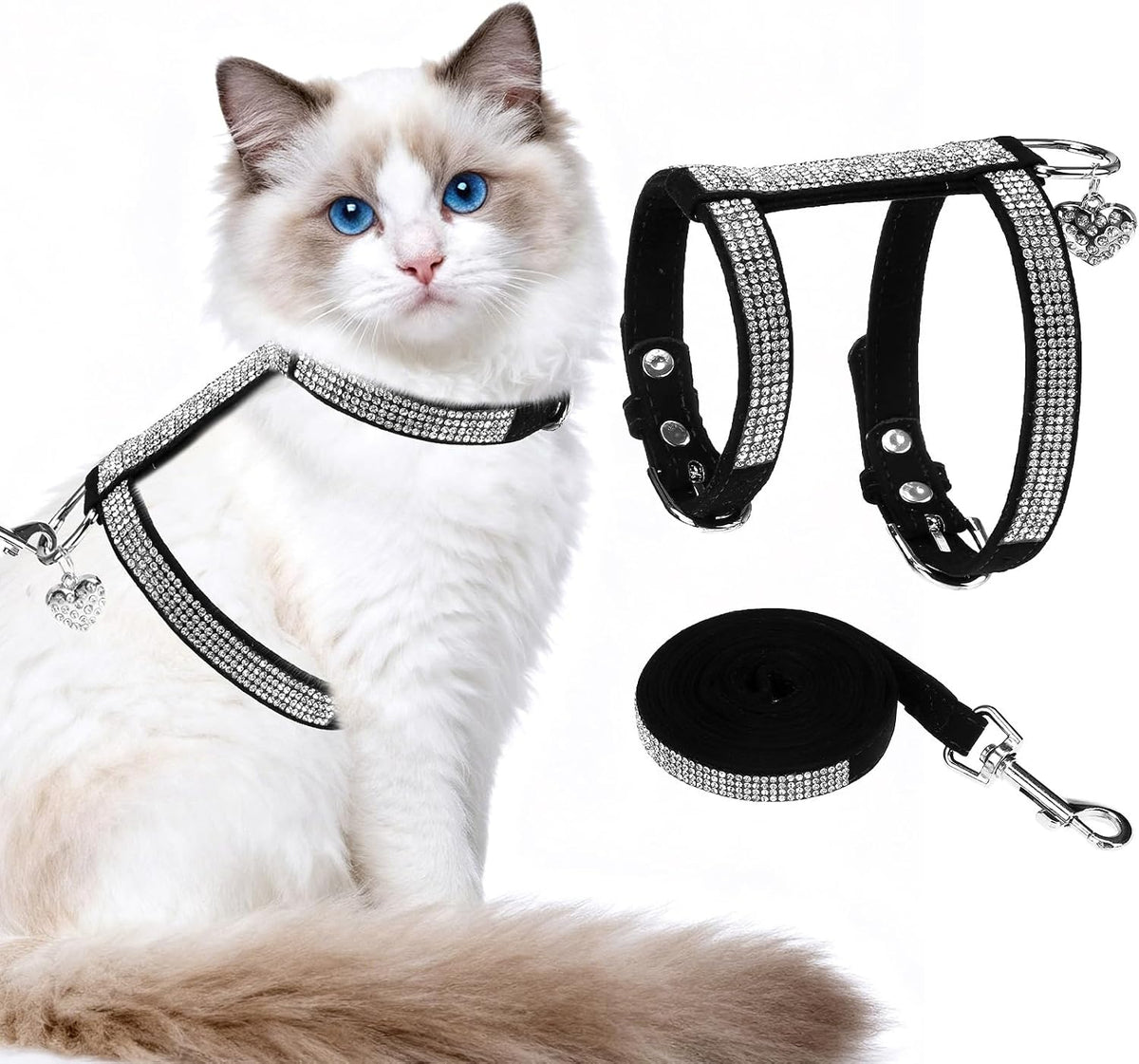 Cat Harness and Leash Set, Escape Proof Adjustable Cat Harness - Black Rhinestones / Small