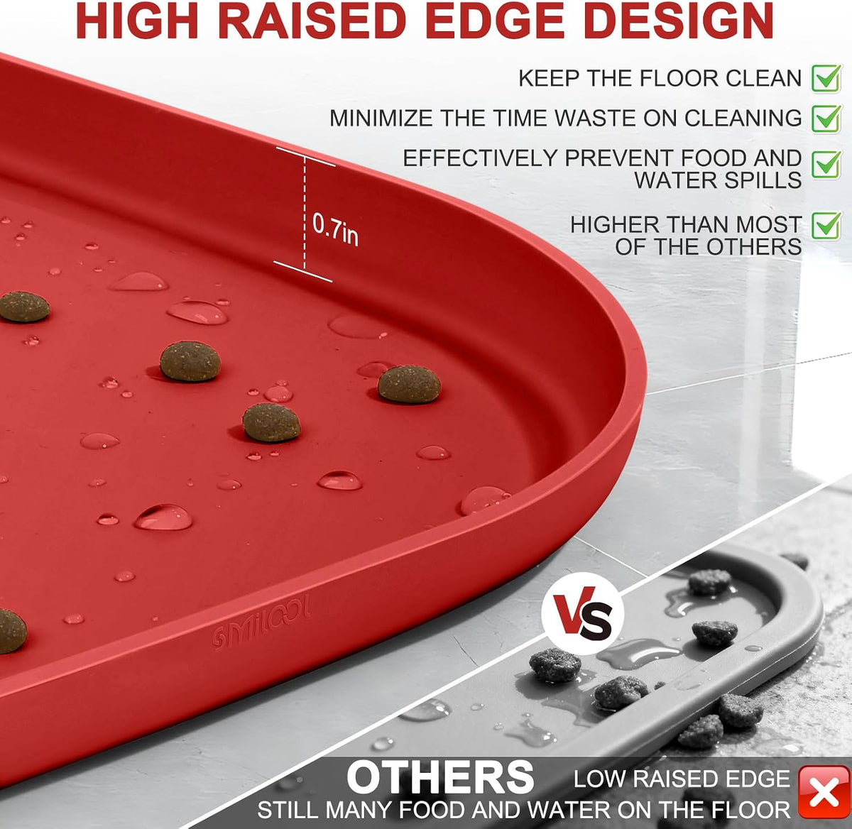 SMILOOL Waterproof Silicone Pet Food Mat with Raised Edge for Dog - Red / 12"L x 12"W - image 3