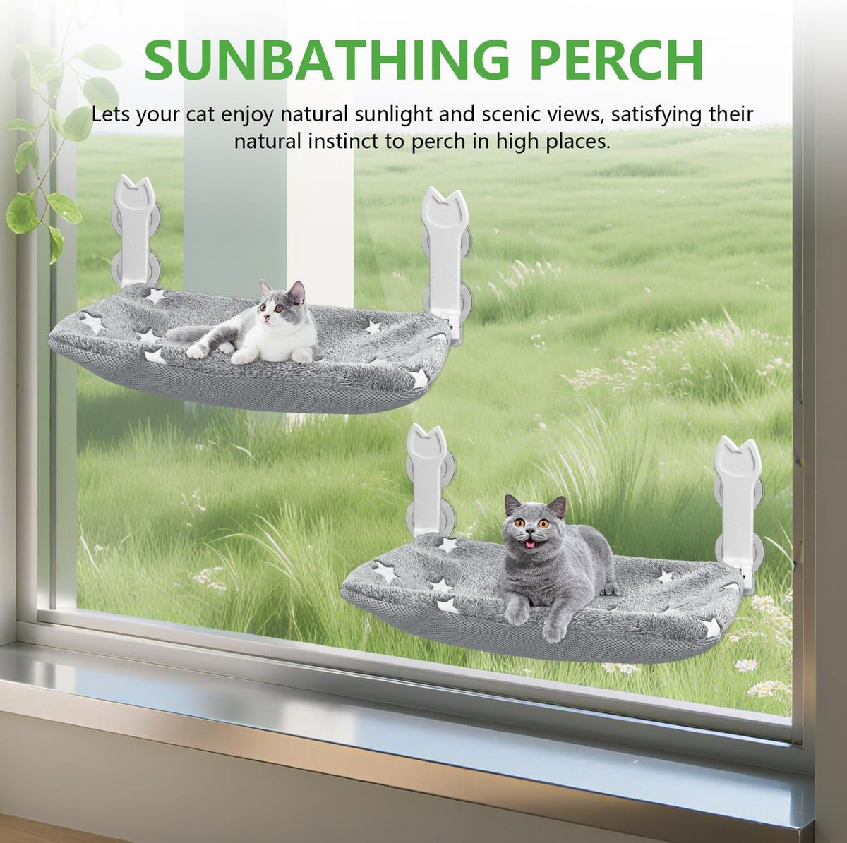 2 Pack Cat Window Perch,Cat Window Hammock Cordless Foldable Window Bed with 4 Large Strong Suction - Star Gray Cover - image 3