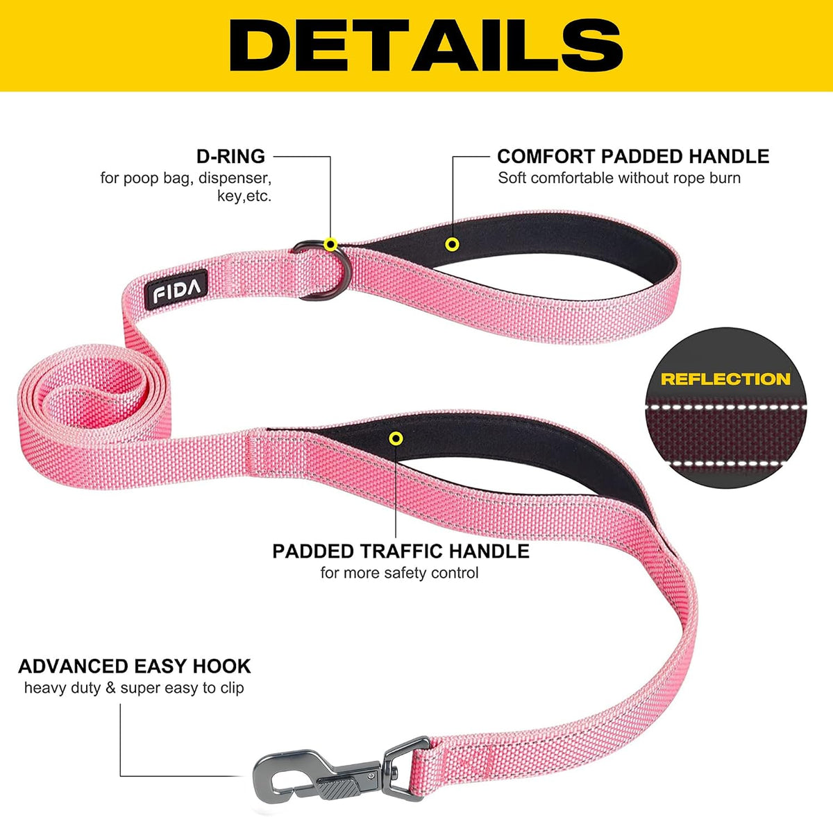 Fida Heavy Duty Dog Leash for Medium Large Dogs - 4 Feet (Pack of 1) / Pink - image 2