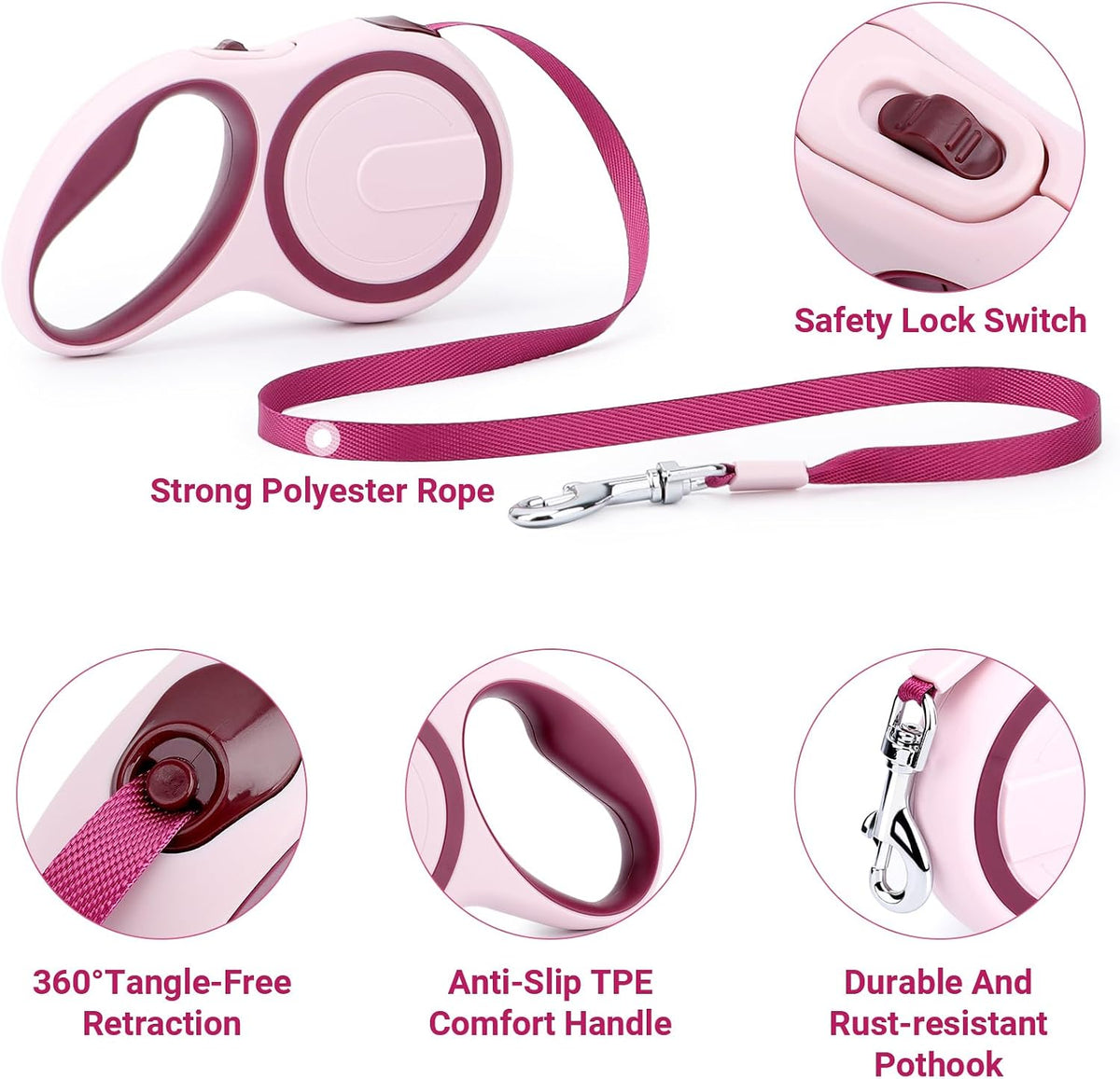Segarty 26ft Dog Leash Retractable - Pink Wine / 16ft(up to 44 lbs) - image 3