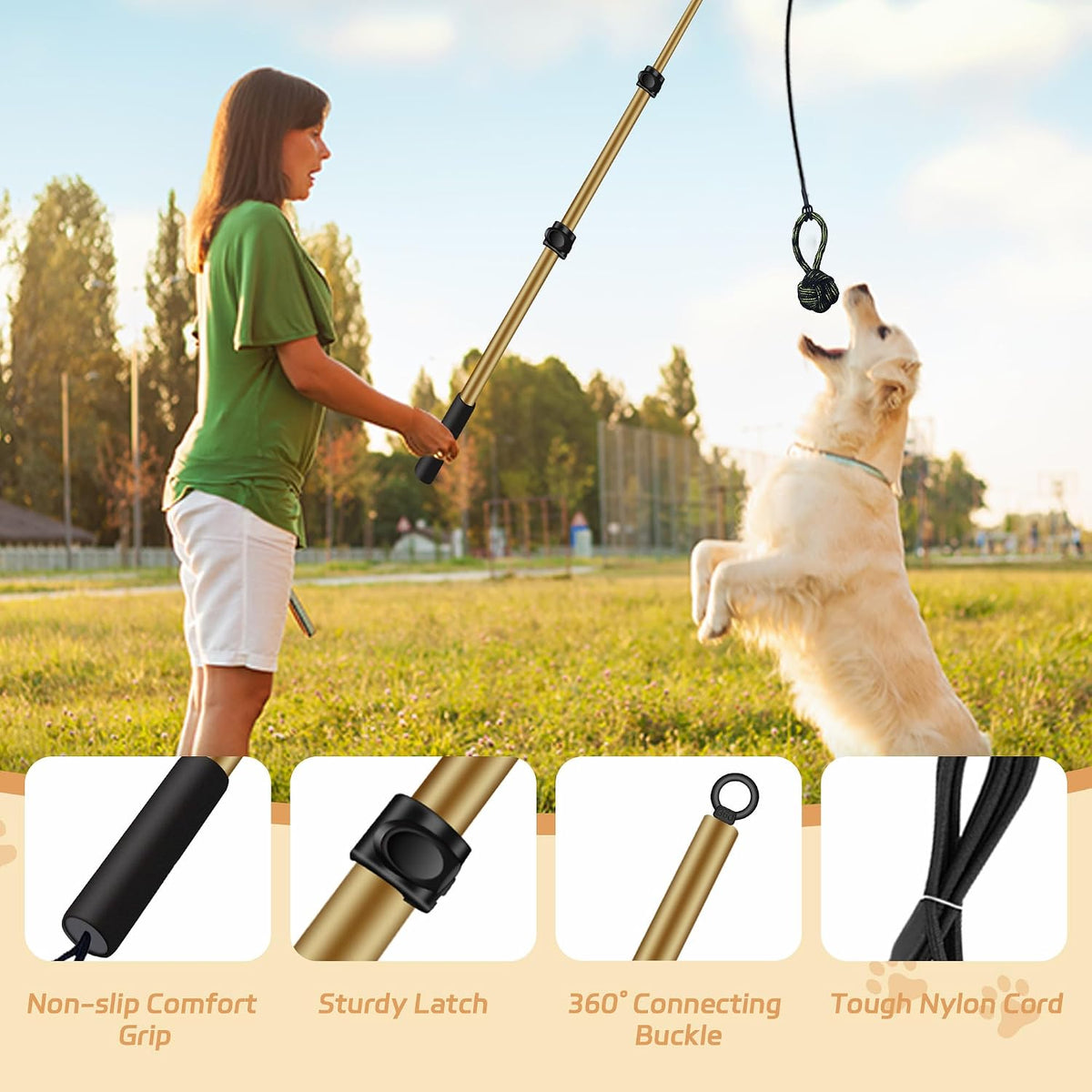 Flirt Pole for Dogs, Interactive Toys Tug-of-war for Pet - 2 switch-40.2Inch-Gold - image 4