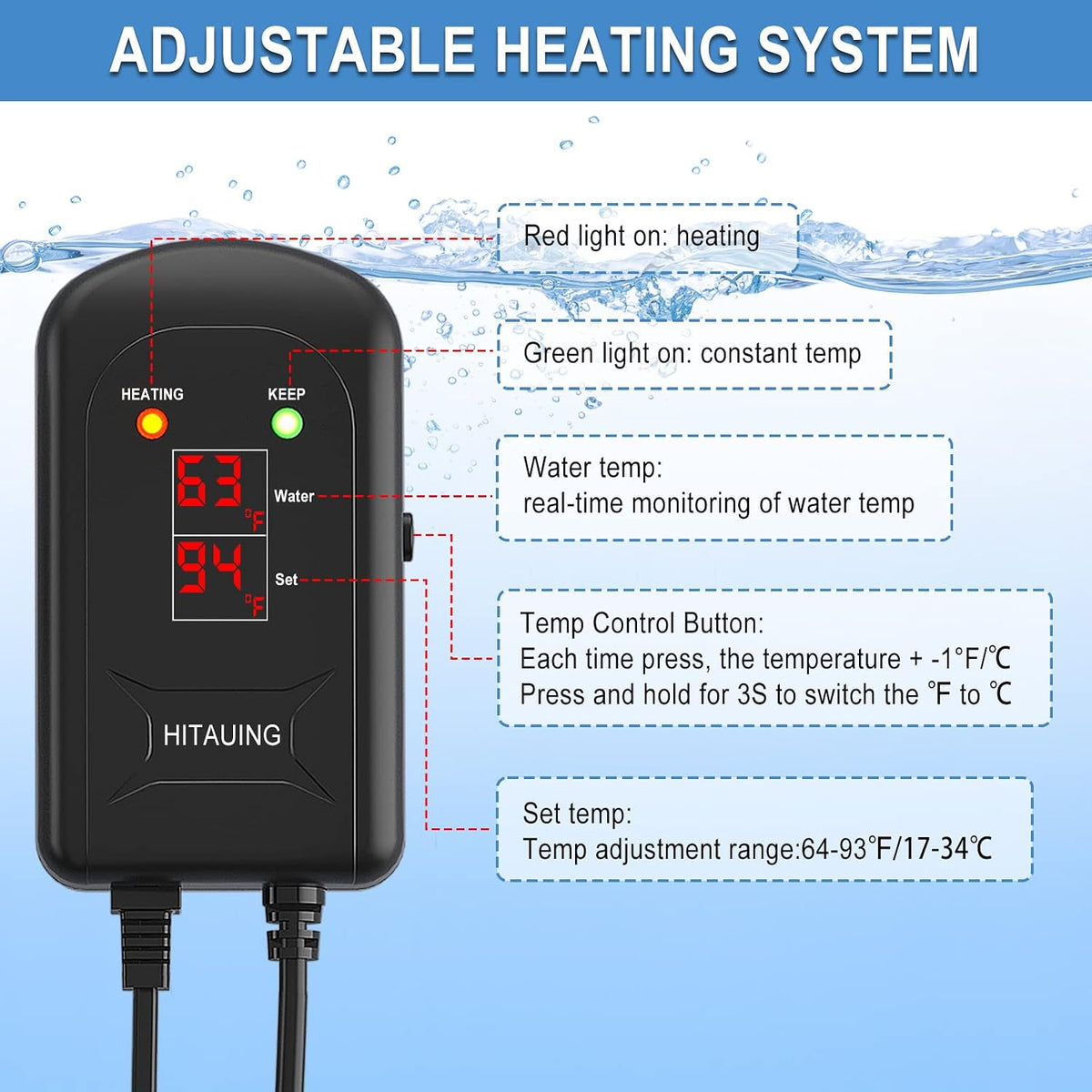 HiTauing Aquarium Heater, 300W Fish Tank Heater with LED Digital Display & 5 Safety Protection - 300 Watt Aquarium Heater - image 4