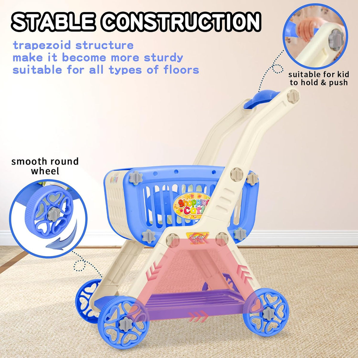 Ming You 2-in-1 Kids Shopping Cart Toy with Pretend Play Foods - Navy Blue - image 4