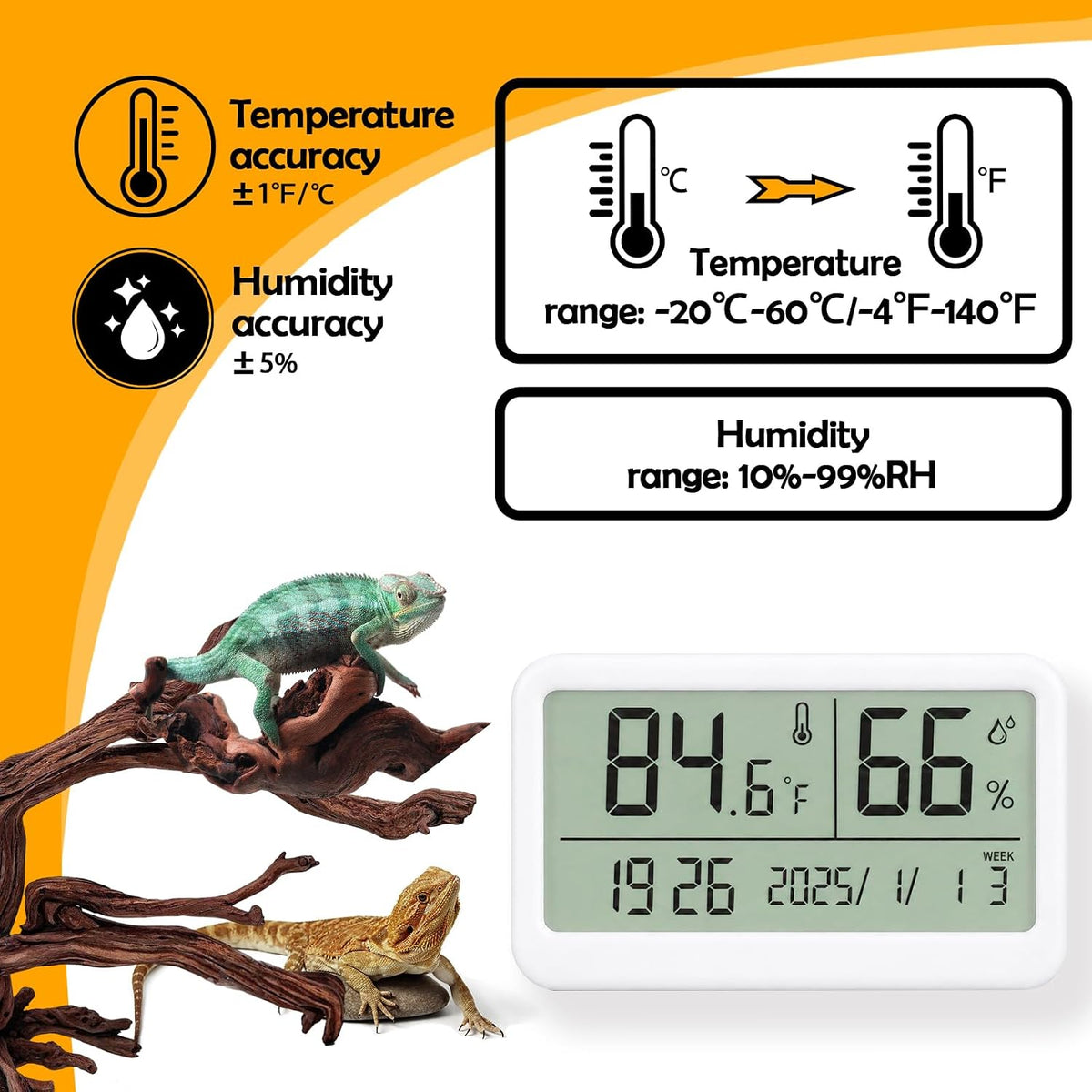 2 PCS Rectangle Reptile Thermometer and Humidity Gauge for Bearded - White Magnetic - image 4