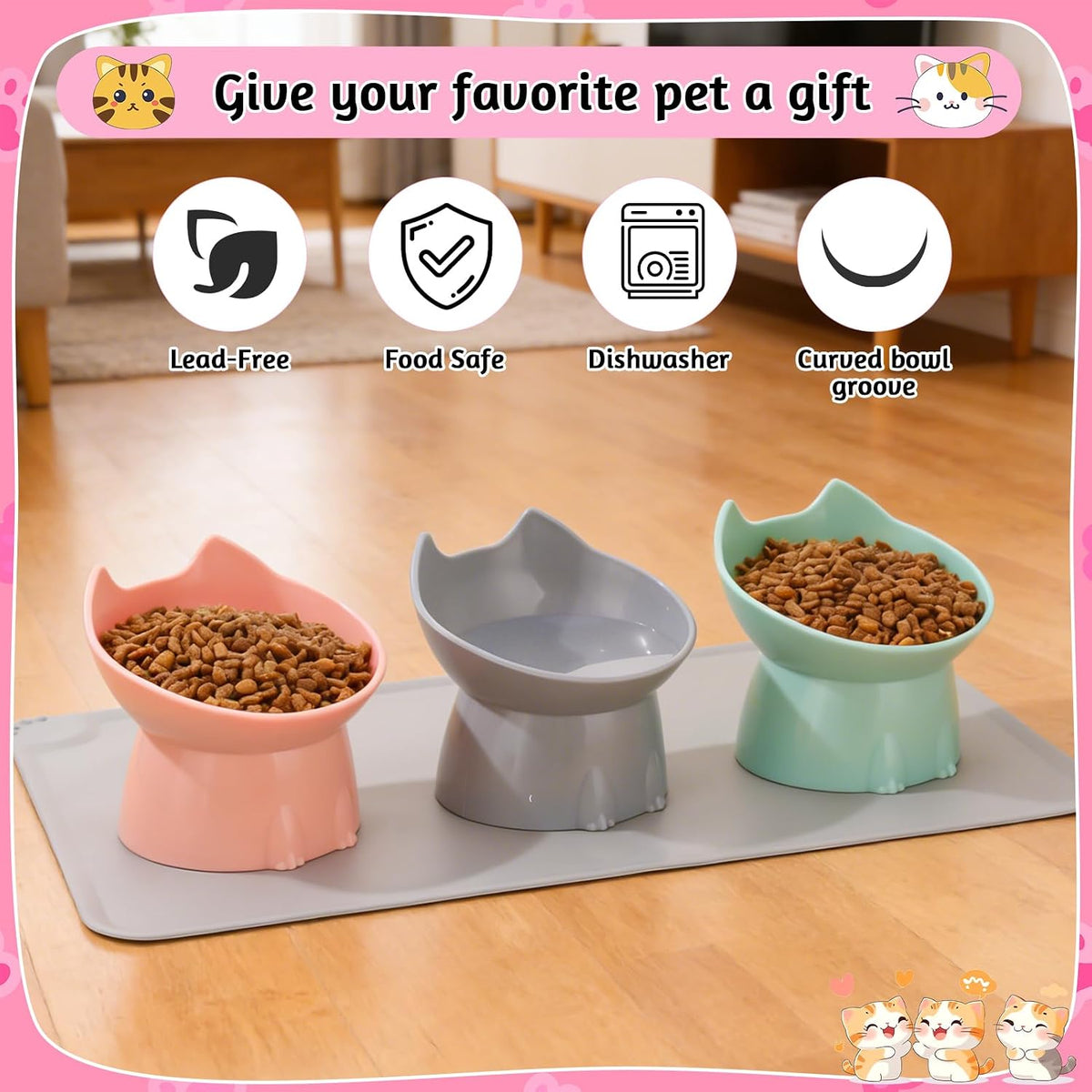 3 Pcs Raised Cat Bowl 15° Elevated Cat Food Bowl Tilted Cats Bowls - Pink, Green, Gray - image 3