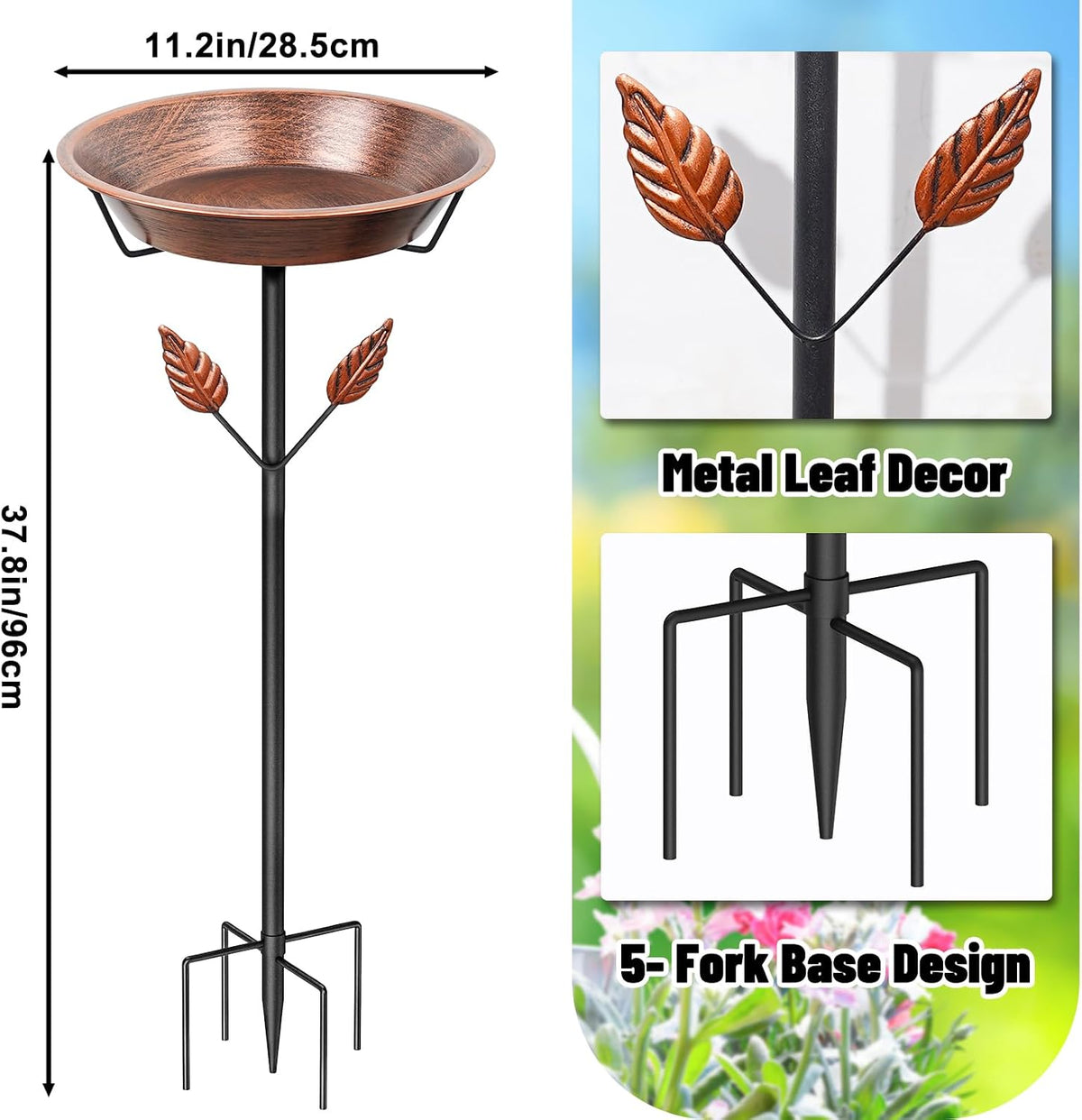 Metal Bird Bath for Outside - Vintage Brown, Leaf - image 3