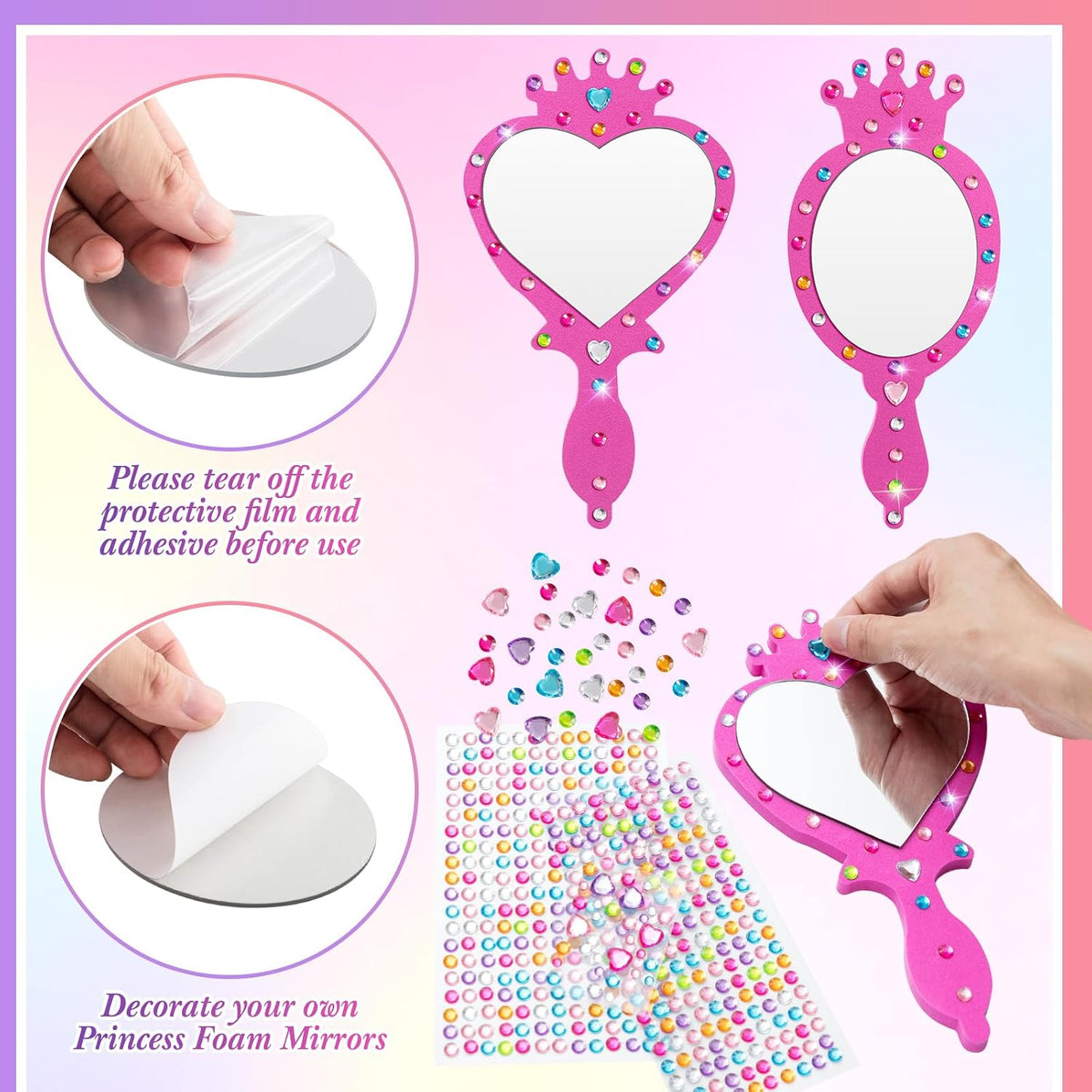 Geetery unbreakable kids mirror craft kit, 20 heart and oval foam princess mirrors in pink, blue and - view 13