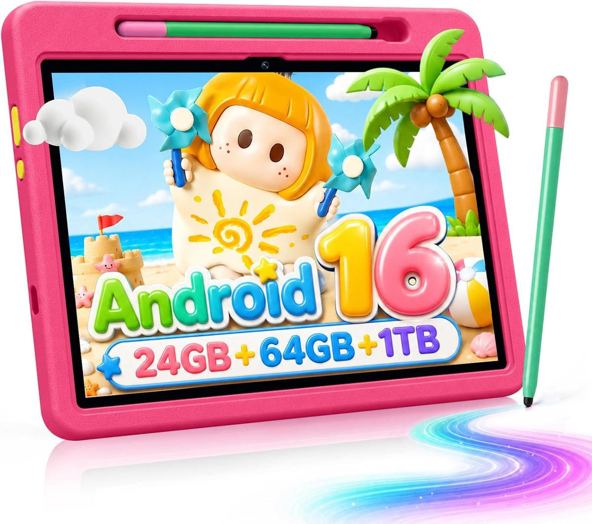 Android 16 Kids Tablet HD 10 Inch with Stylus & Case - Pink