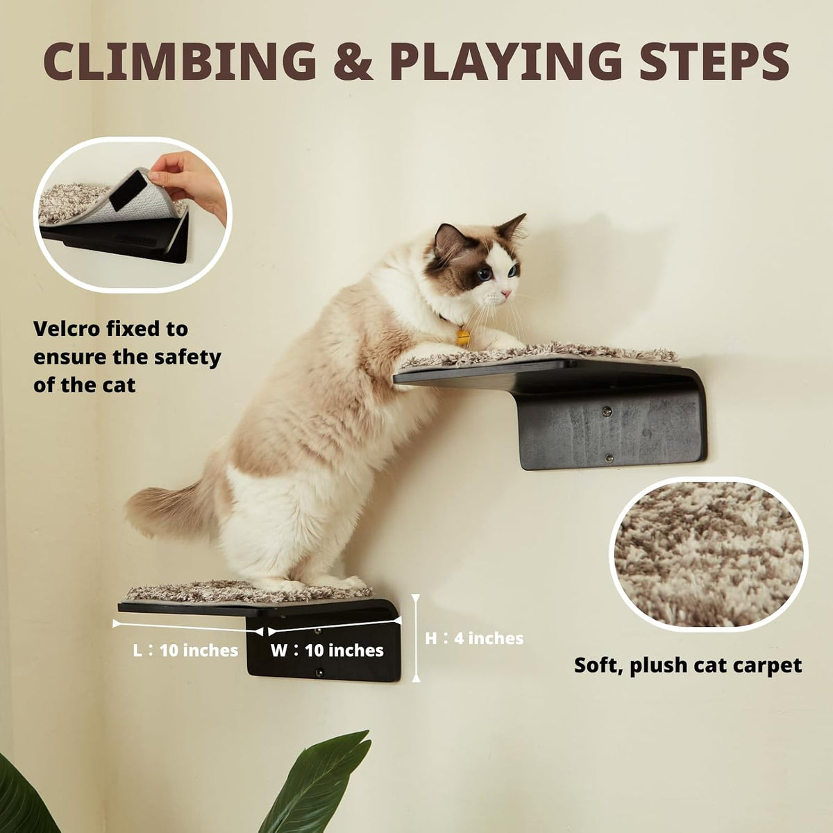 2 Set Cat Wall Steps, Wooden Cat Climbing Shelf for Wall - Steps - Walnut - image 3
