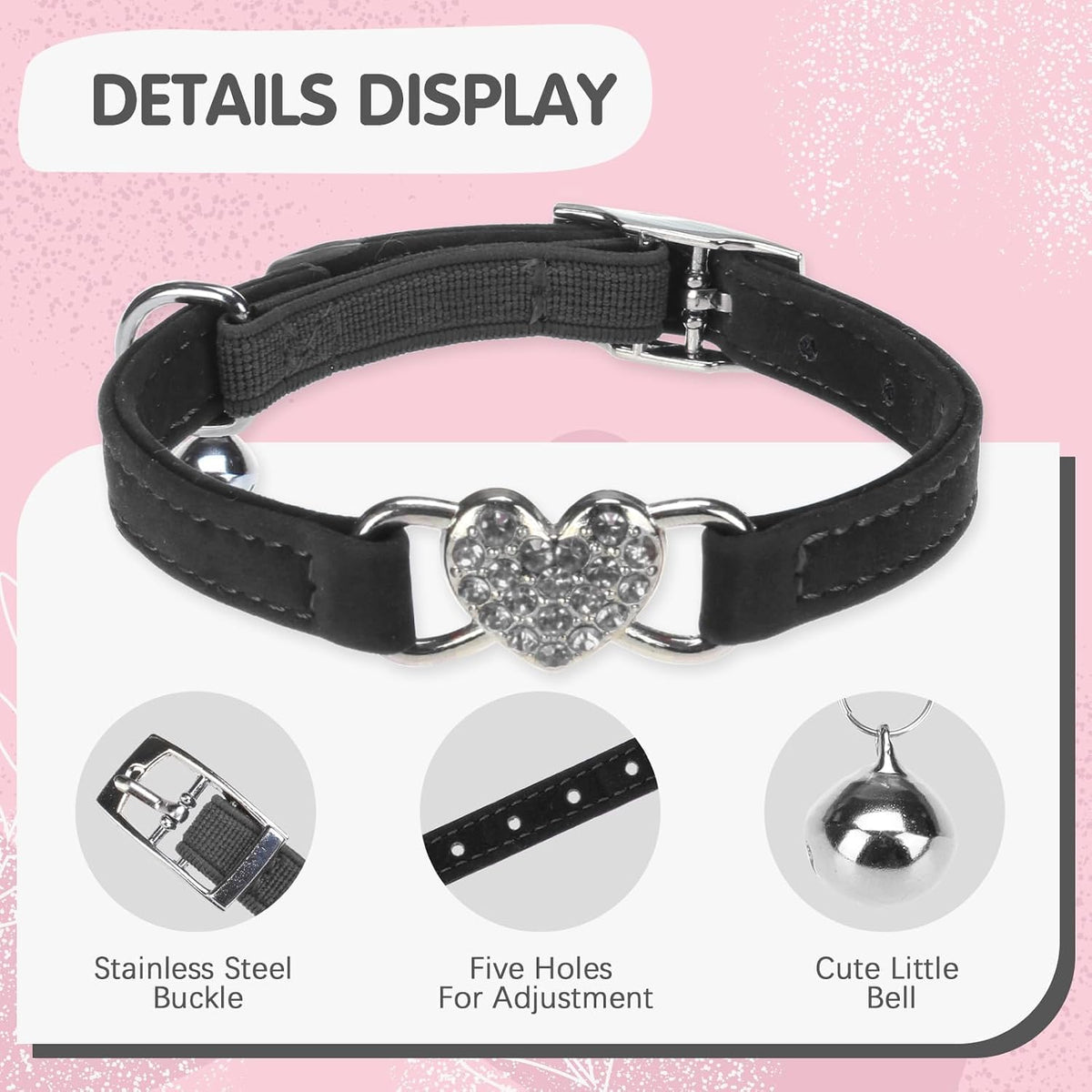 BINGPET Diamond Cat Collar with Bell, Adjustable Kitten Collar - Pink & Black(Heart) / Neck Girth 8"-10" - image 4