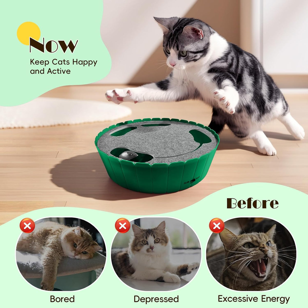 Pawaboo Interactive Cat Toy with Running Mouse - A-Green - image 3