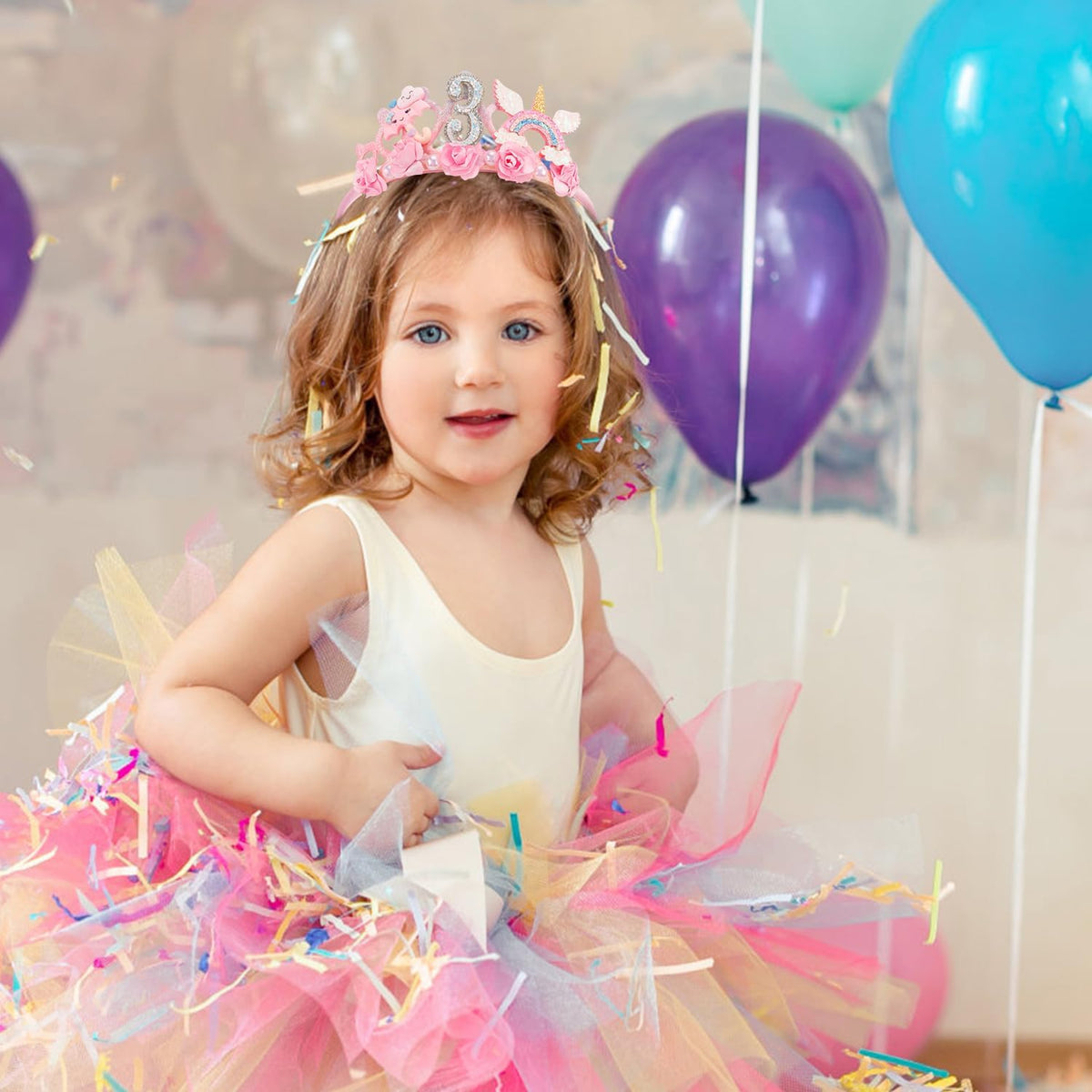 SuPoo 4th Birthday Headband Flower Crown for Girls Princess Tiara 4th - Pink-3rd - image 2