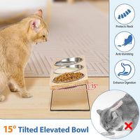 Elevated Cat Bowls, 15° Tilted Glass Raised Cat Food and Water Bowl – Essentials for Cats - 3 Stainless Steel Bowls - image 3