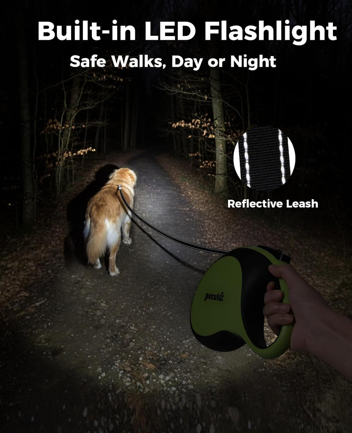 Retractable Dog Leash with Light, 360° Tangle-Free - Green with LED light / Large-26ft - image 4