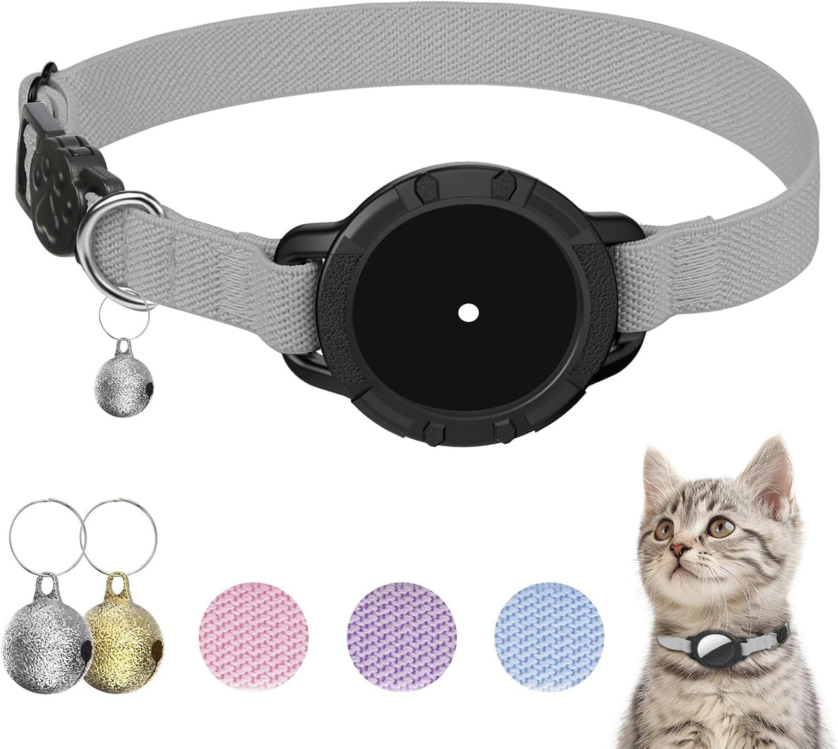 AirTag Cat Collars, Stretchy Collar with Air Tag Holder and Bell – Essentials for Cats - Gray