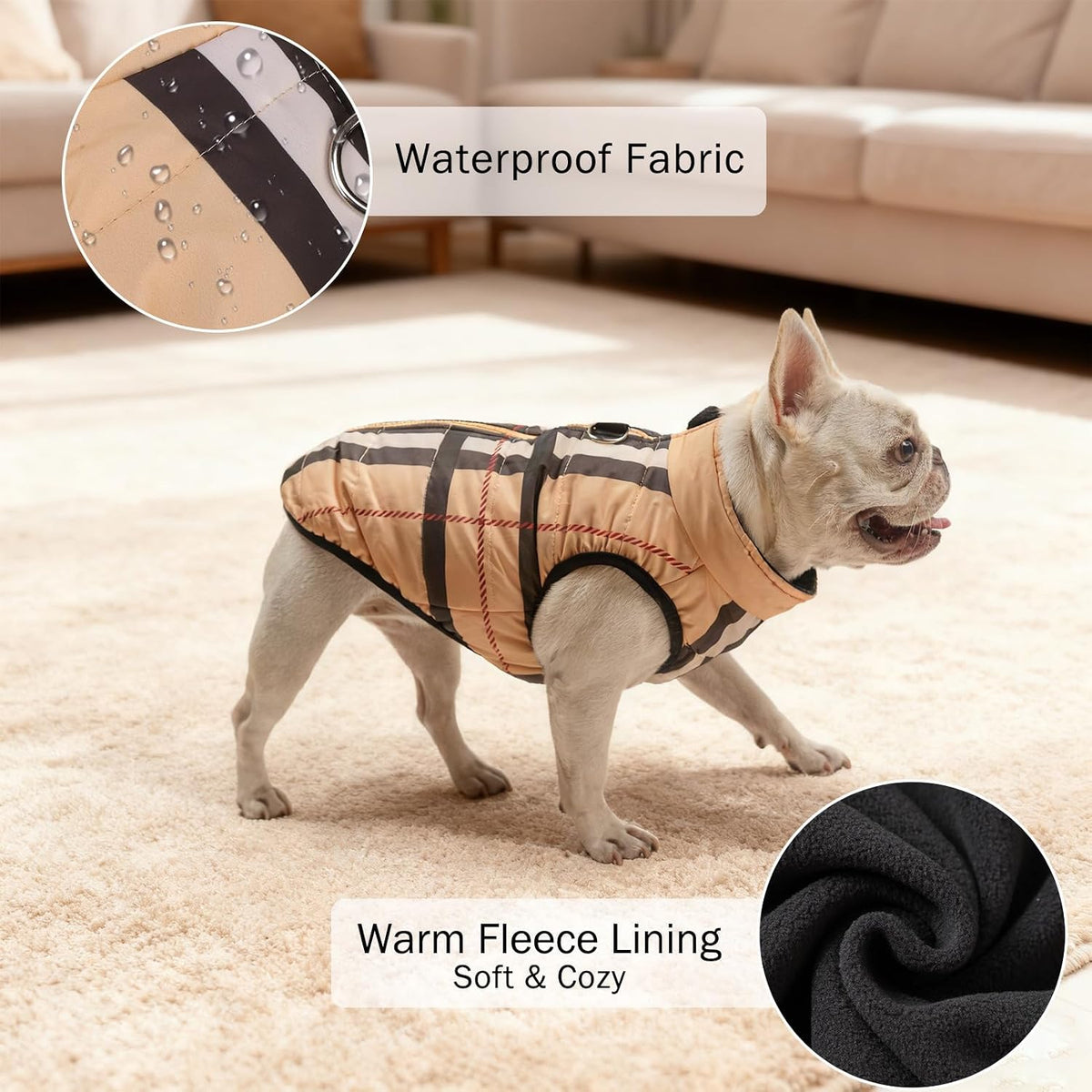 Winter Dog Vest Coat with Harness Built in – Essentials for Dogs - #2 Beige Bar Plaid-Gloss / L(Chest 19")-Regular - image 4
