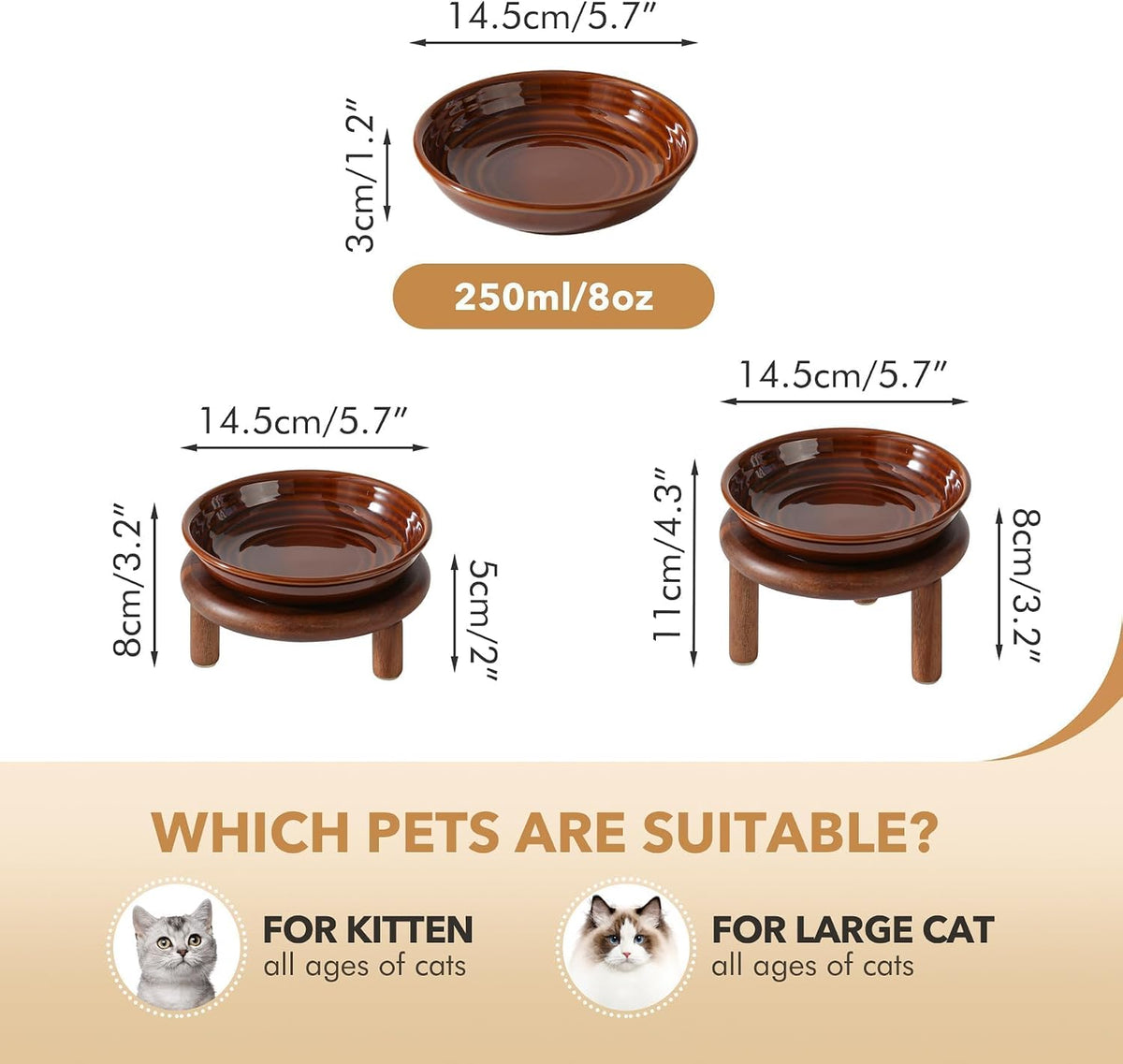 Elevated Cat Bowls, Ceramic Cat Bowl with Bamboo Stand Wide Opening – Essentials for Cats - Brown / Stripe x1 + Acacia Wood - image 2