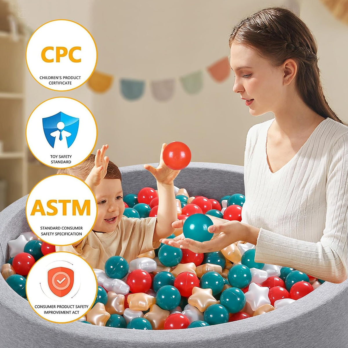 Star Ball Pit Balls for Toddlers, Ball Pool Play Tent - Red+Pearl White+Pearl Gold+Deep Green / 100 - image 3