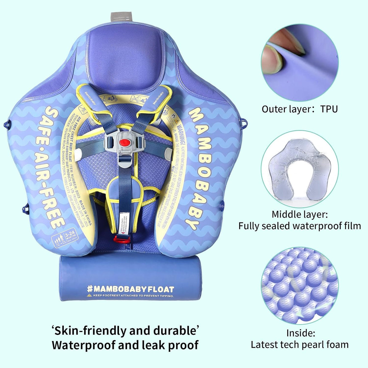 Mambobaby Float with Canopy UPF 50+ and Tail Non-Inflatable Baby Pool - Deluxe Globefish Blue - image 2