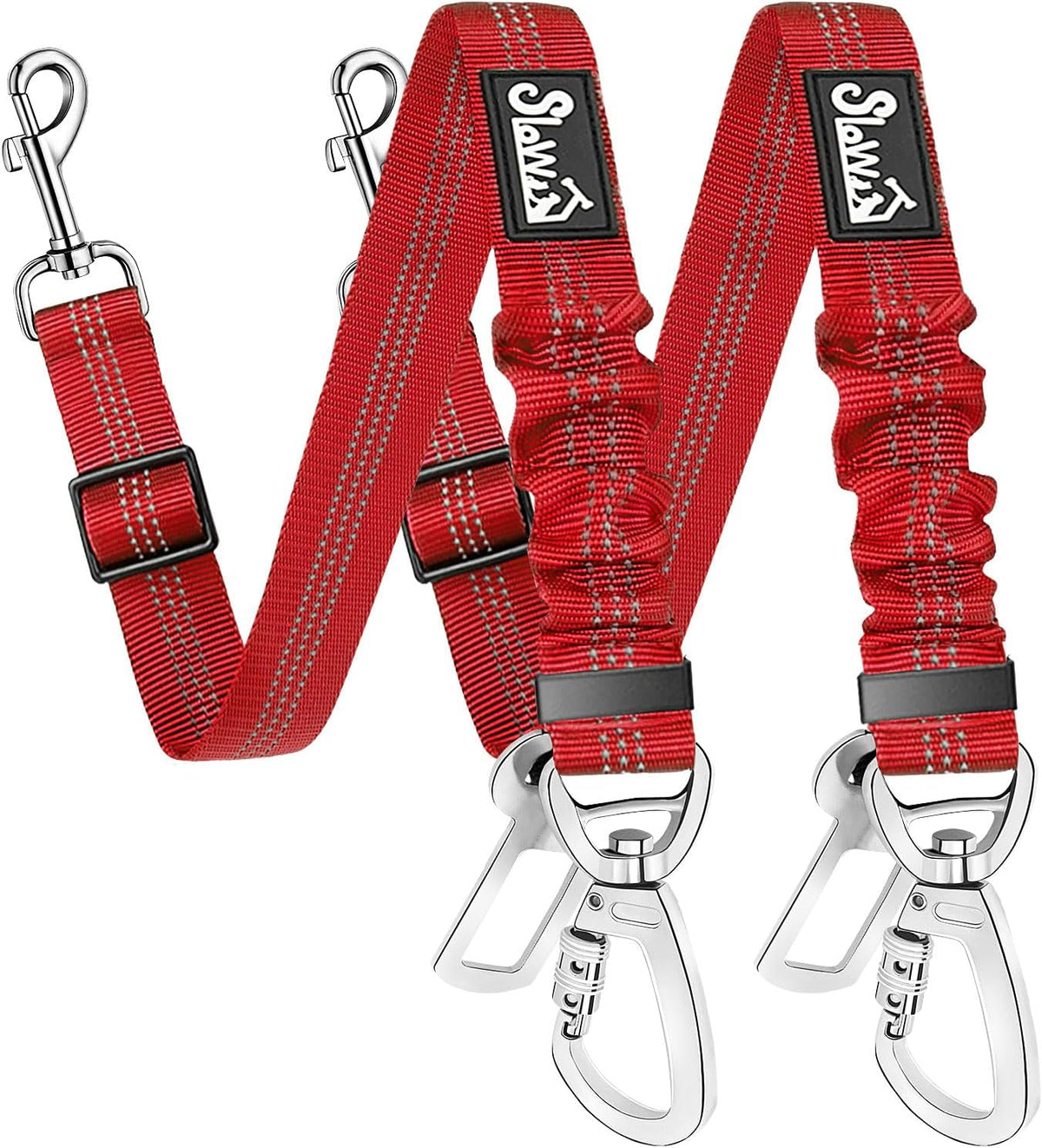 SlowTon Dog Seatbelt, 2 Pack Adjustable Heavy Duty Dog Safety Seat Belt – Essentials for Dogs - Red / Seatbelt Clip + Carabiner