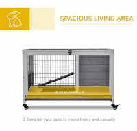 PawHut Wooden Rabbit Hutch Indoor Outdoor, Elevated Bunny Cage with No Leak Tray Enclosed Run with Wheels, Ideal for Guinea Pigs and Small Animals, Gray
