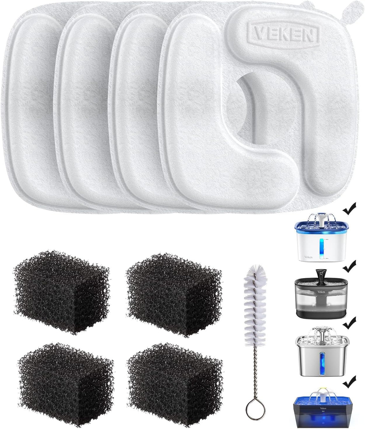 Veken Cat Water Fountain Filters, F1 Series - 4 Filters+4 Sponges (2 month supply)