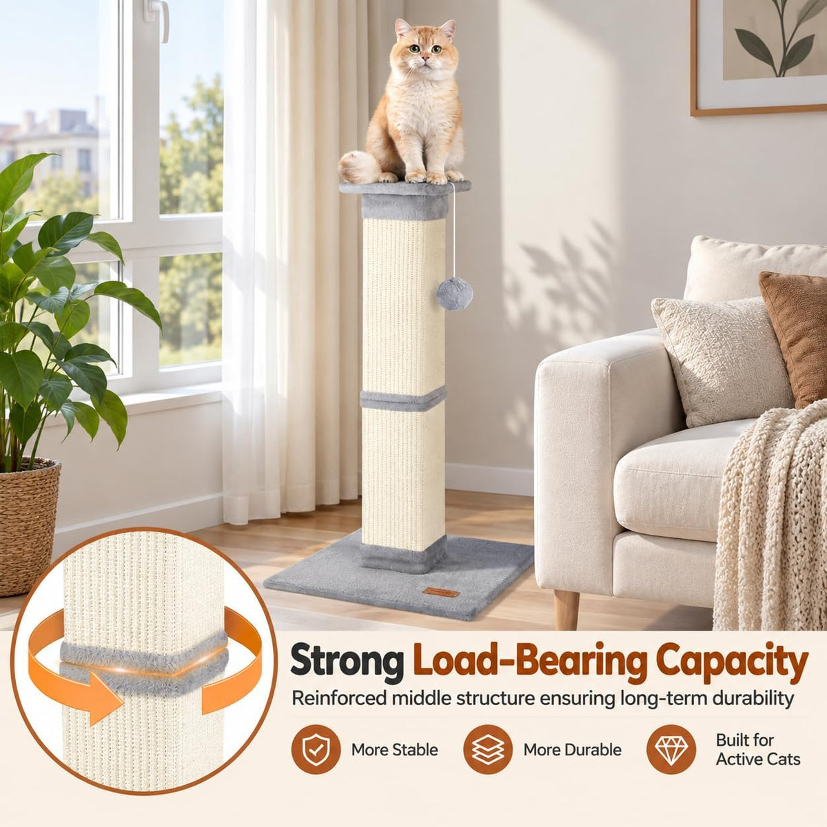 Cat Scratching Post 33 Inch for Indoor Cats - Grey - image 3