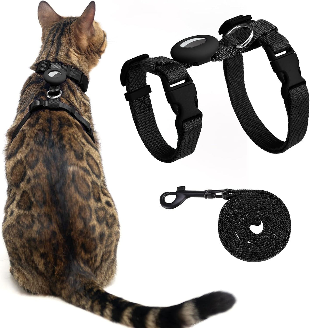 Cat Harness and Leash Set with Airtag Holder for Walking & Travelling - Black